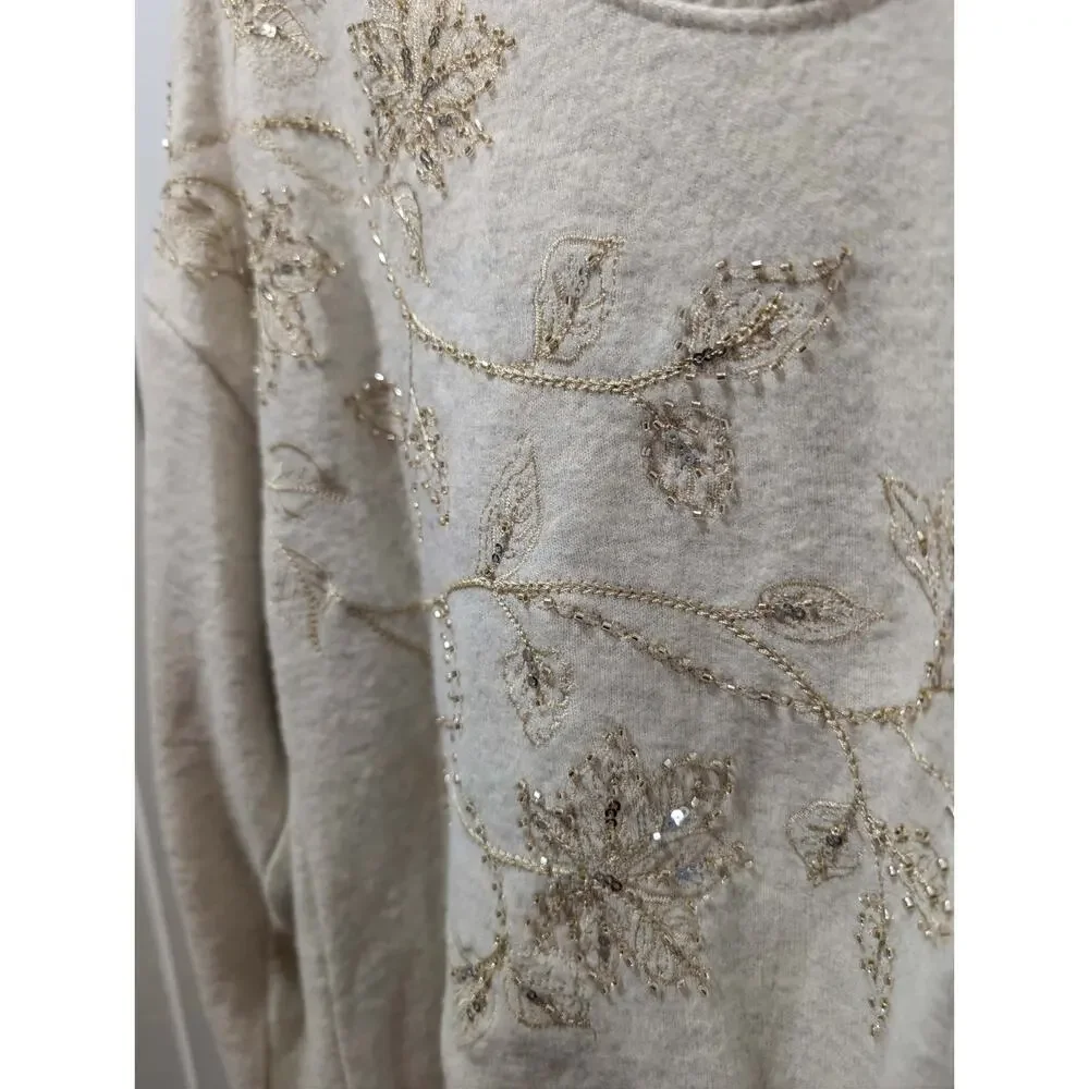 NEW! Democracy V-Neck Knot Hem Long-Sleeve Top Cream Size S Beaded Sequins